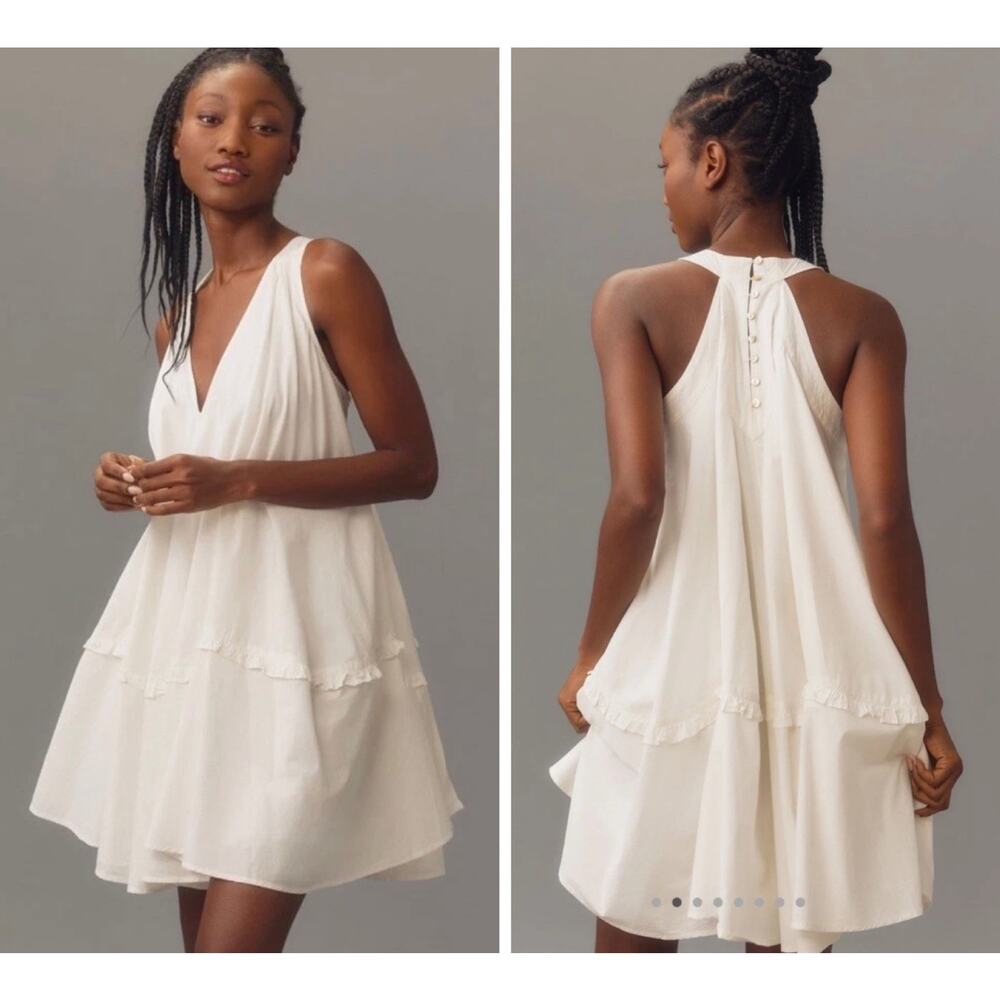 By Anthropologie Size S White V-Neck SWING TUNIC Dress Cotton Pockets Romantic